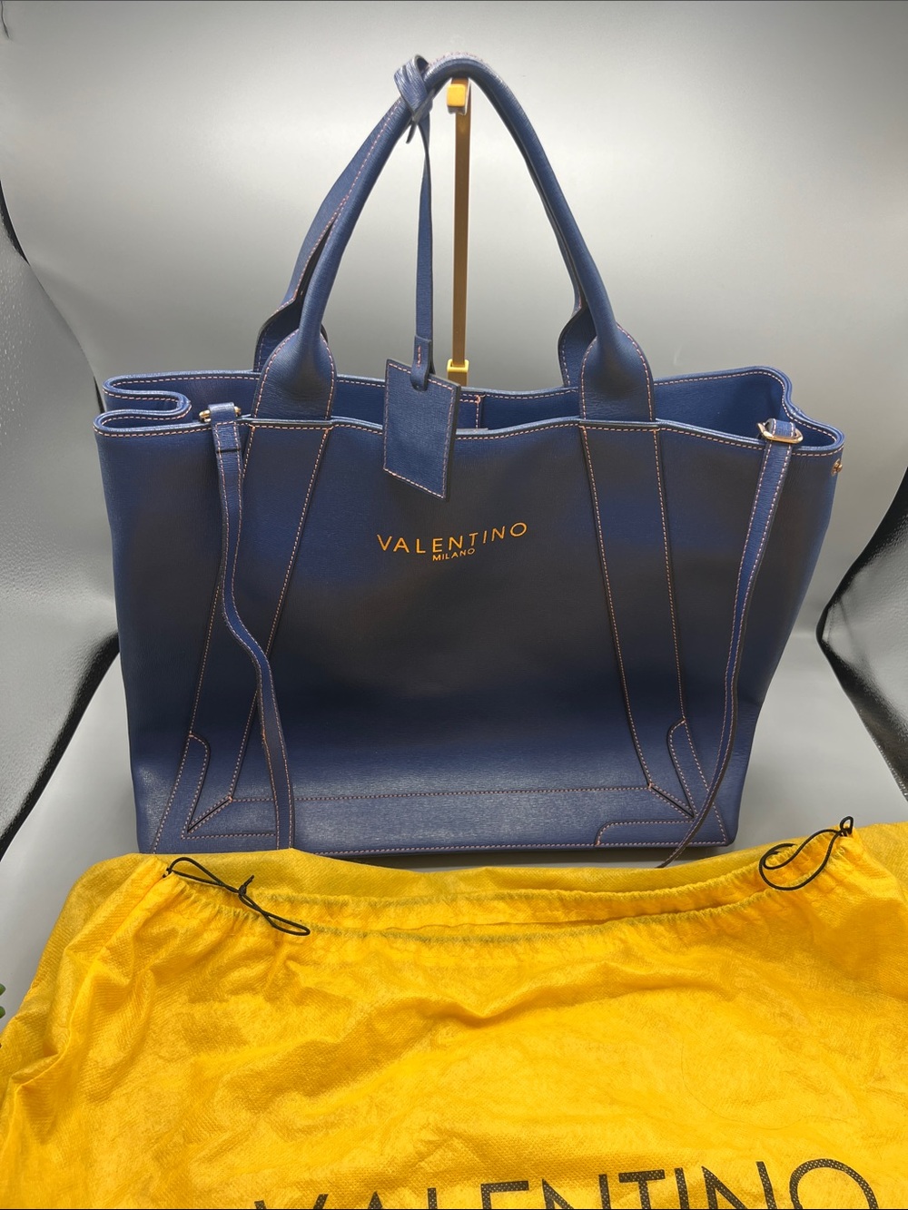 Valentino Navy Blue Leather Tote with Gold Logo little heavy